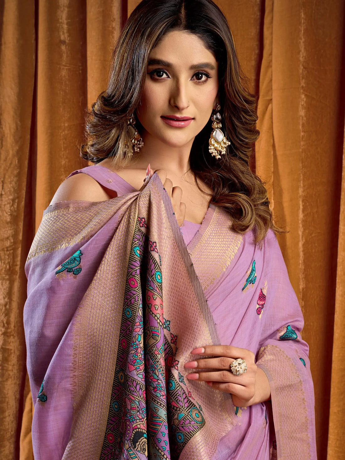 Amazing Lavender Khata Work Khadi Festive Wear Saree With Blouse