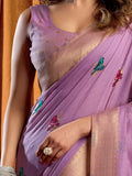 Amazing Lavender Khata Work Khadi Festive Wear Saree With Blouse