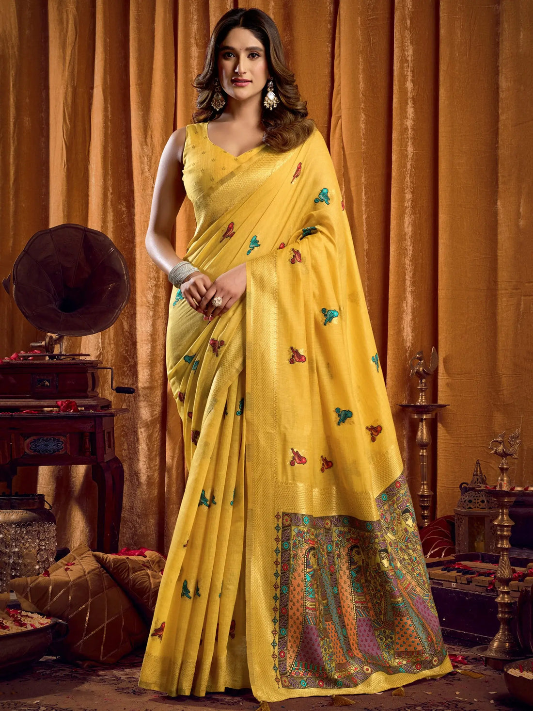 Precious Yellow Khata Work Khadi Haldi Wear Saree With Blouse