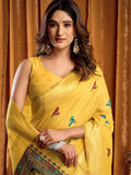 Precious Yellow Khata Work Khadi Haldi Wear Saree With Blouse