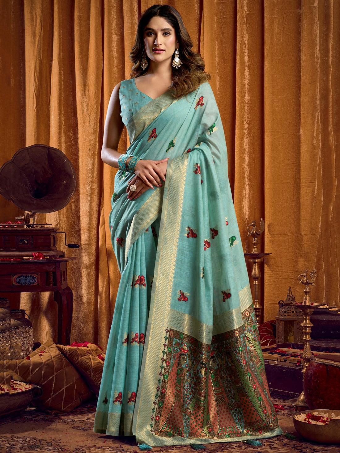 Fantastic Turquoise Khata Work Khadi Evening Wear Saree With Blouse