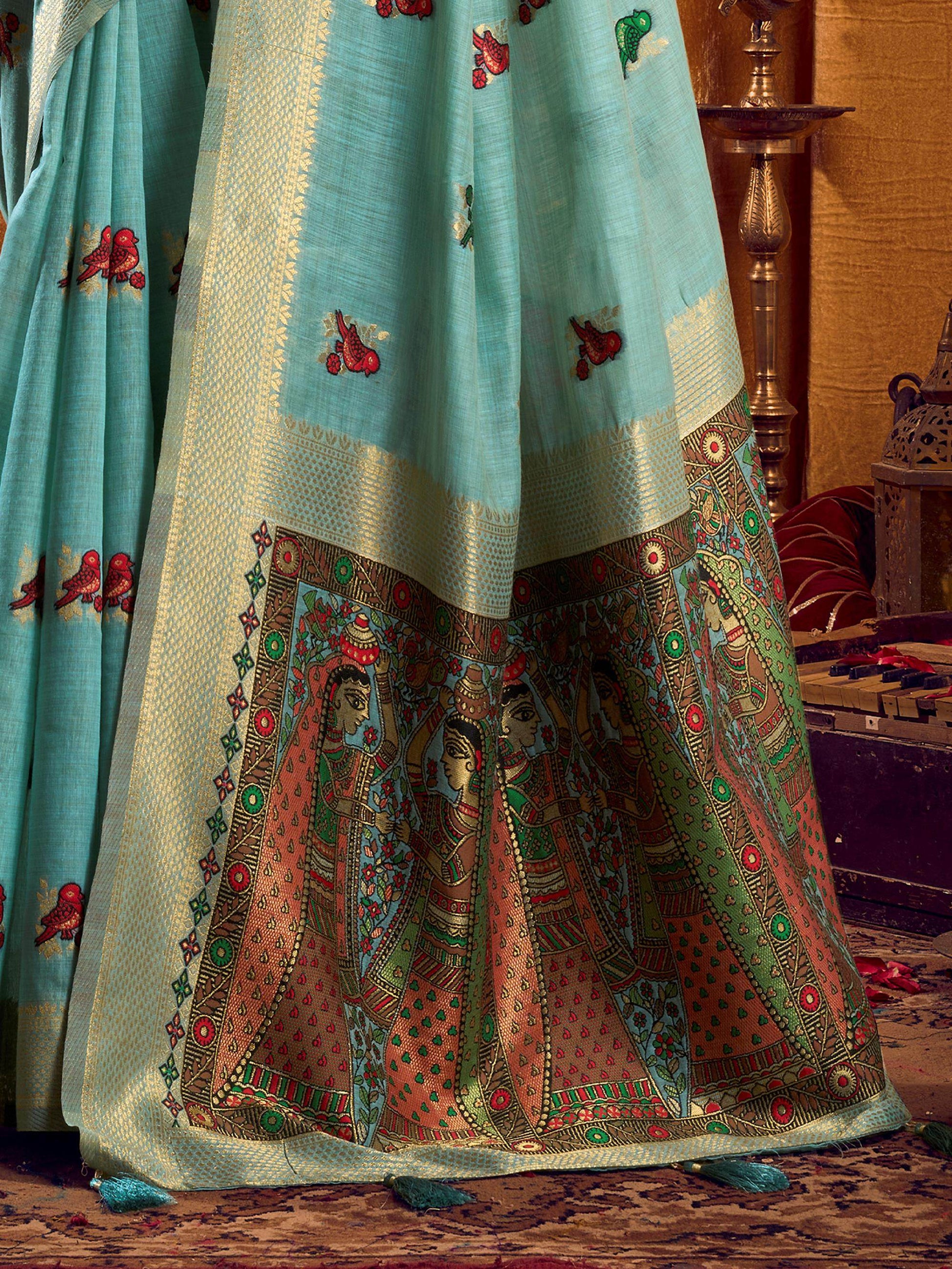Fantastic Turquoise Khata Work Khadi Evening Wear Saree With Blouse