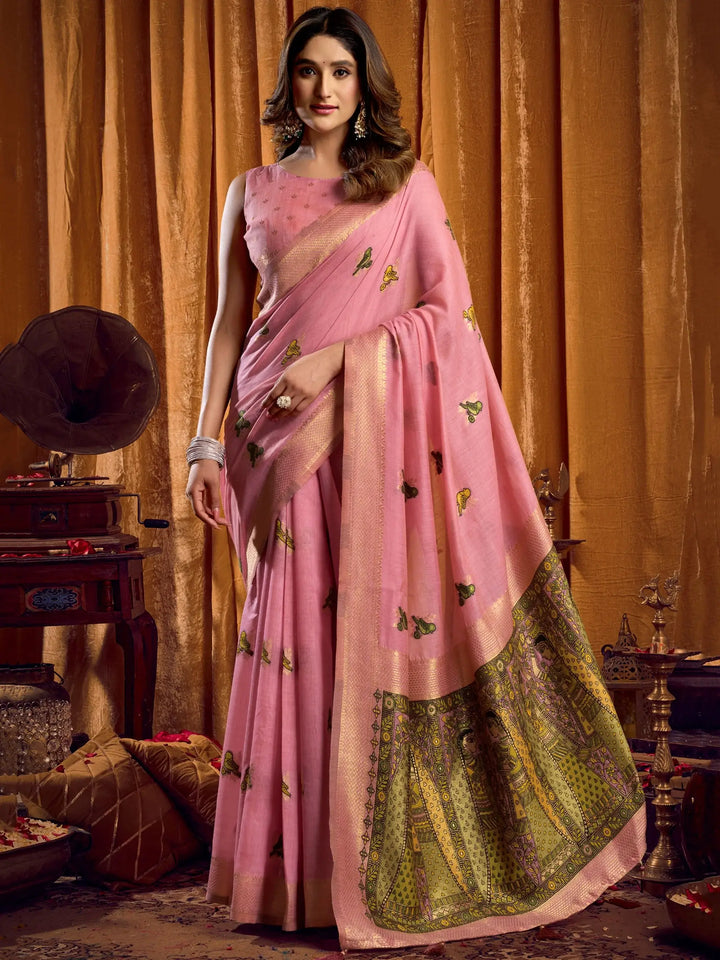 Stupendous Pink Khata Work Khadi Traditional Saree With Blouse