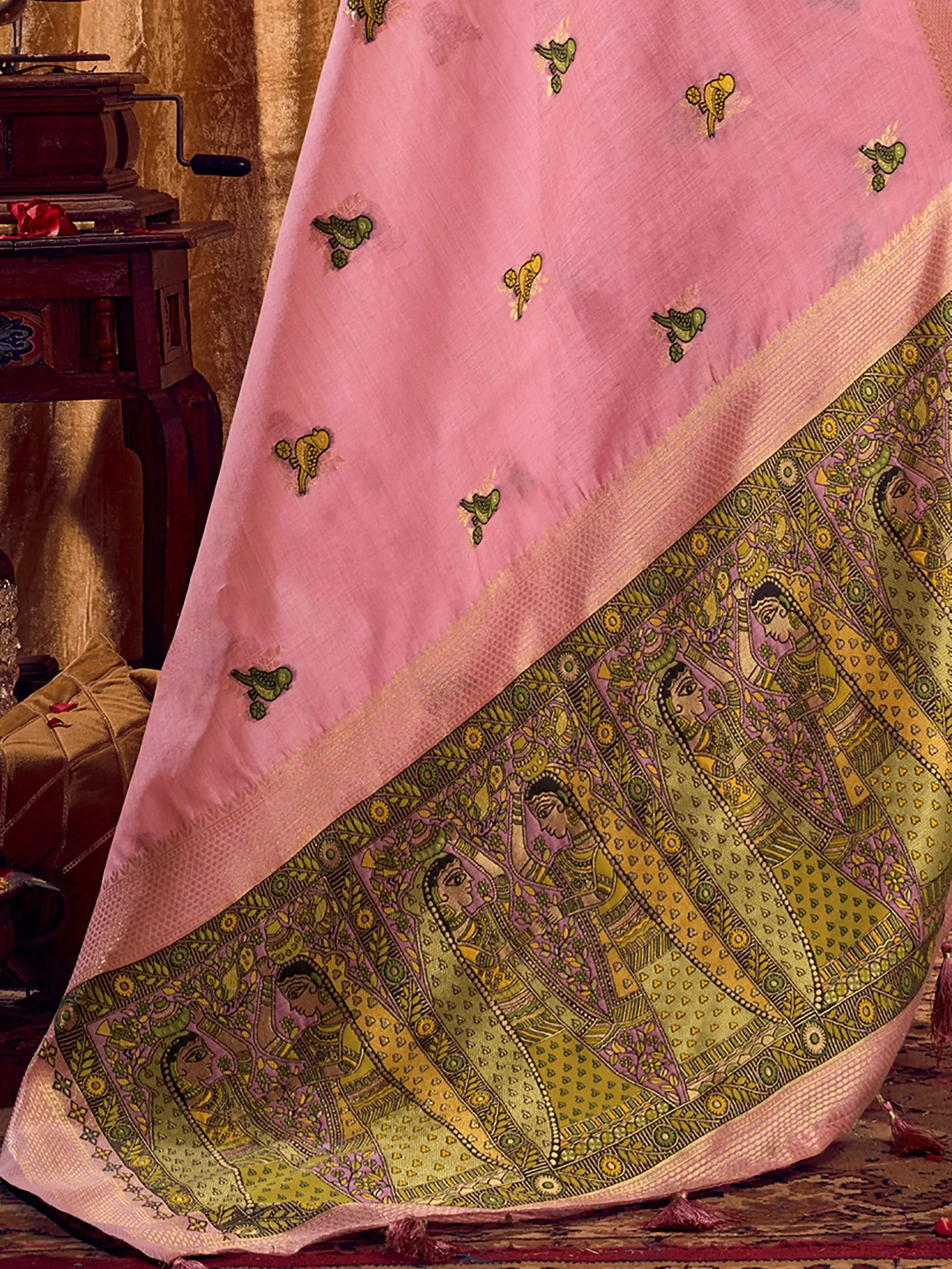 Stupendous Pink Khata Work Khadi Traditional Saree With Blouse