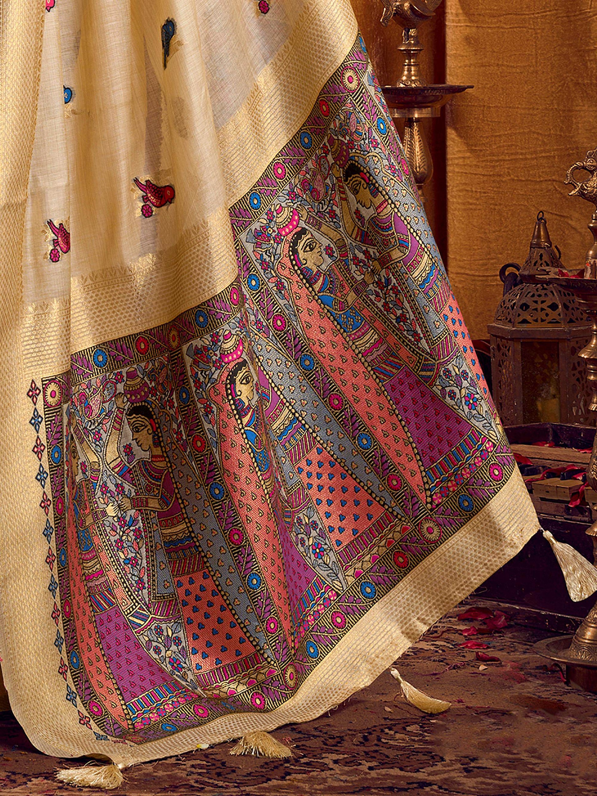 Beautiful Beige Khata Work Khadi Event Wear Saree With Blouse