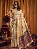 Beautiful Beige Khata Work Khadi Event Wear Saree With Blouse