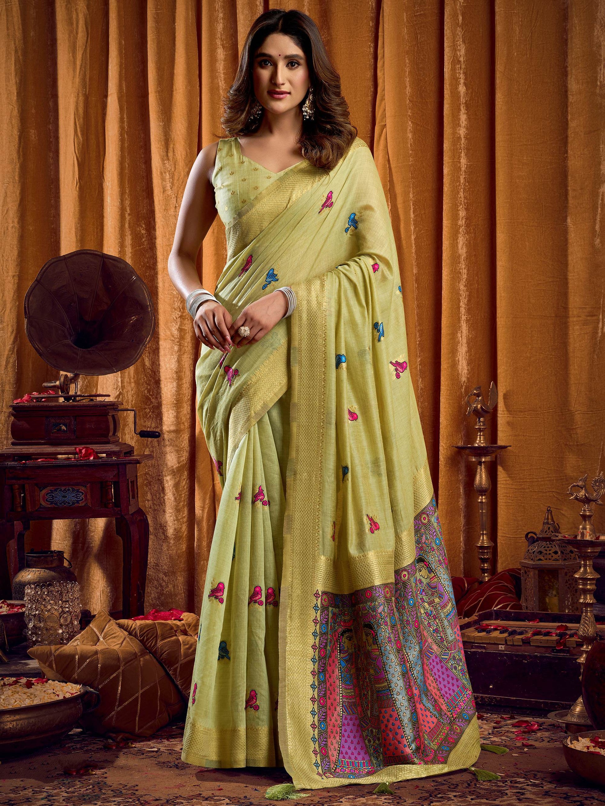 Alluring Green Khata Work Khadi Mehendi Wear Saree With Blouse