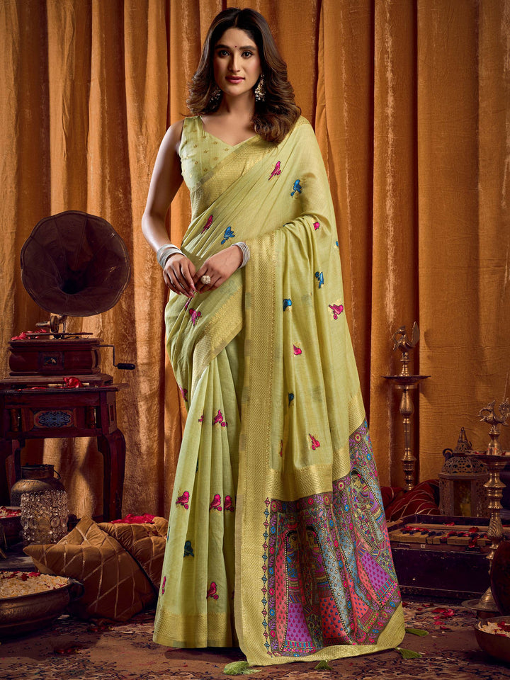 Alluring Green Khata Work Khadi Mehendi Wear Saree With Blouse