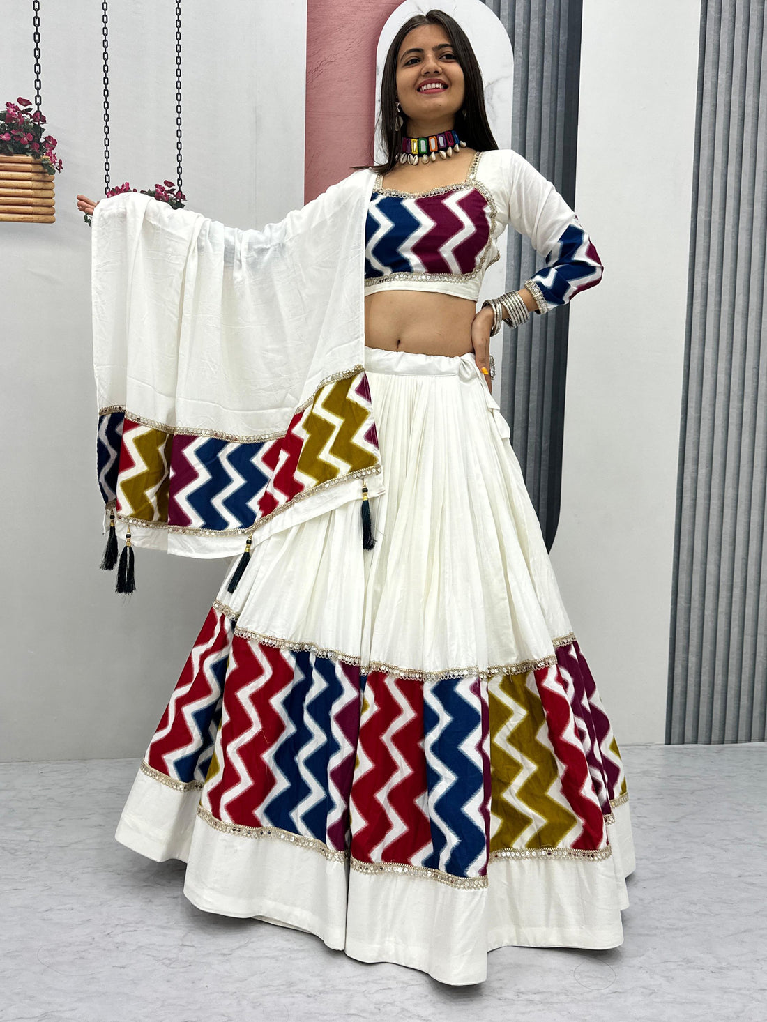 Brilliant White Cotton Printed Festive Special Lehenga Choli With Dupatta