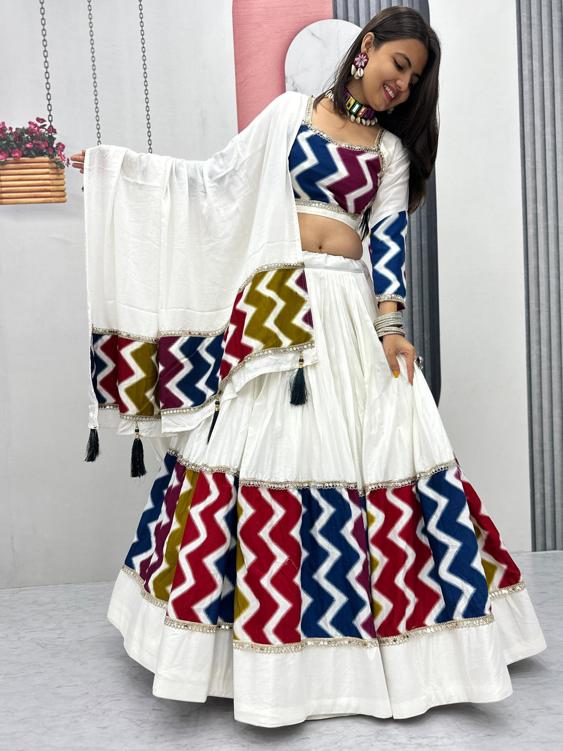 Brilliant White Cotton Printed Festive Special Lehenga Choli With Dupatta