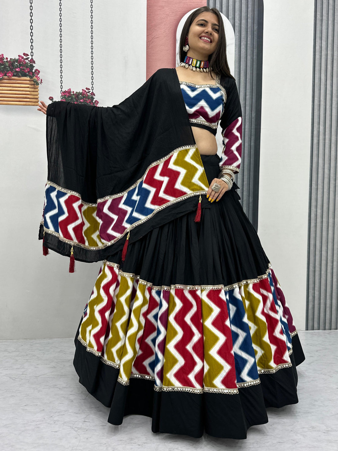 Enchanting Black Cotton Lace Work Navratri Wear Lehenga Choli With Dupatta
