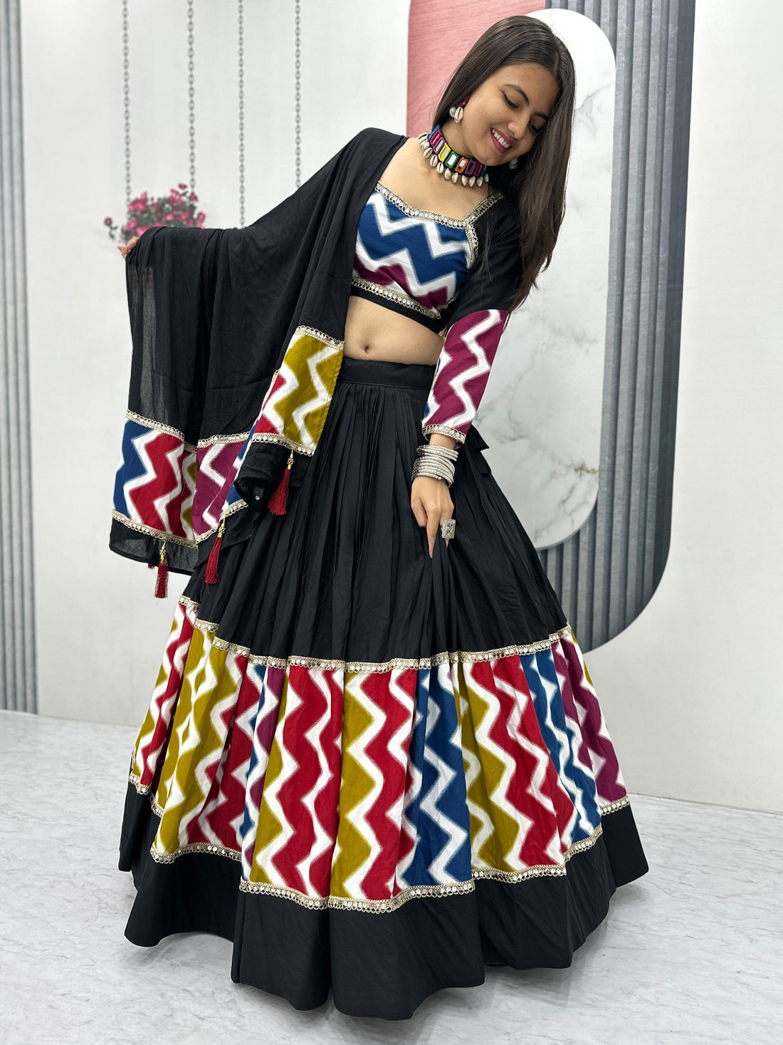 Enchanting Black Cotton Lace Work Navratri Wear Lehenga Choli With Dupatta