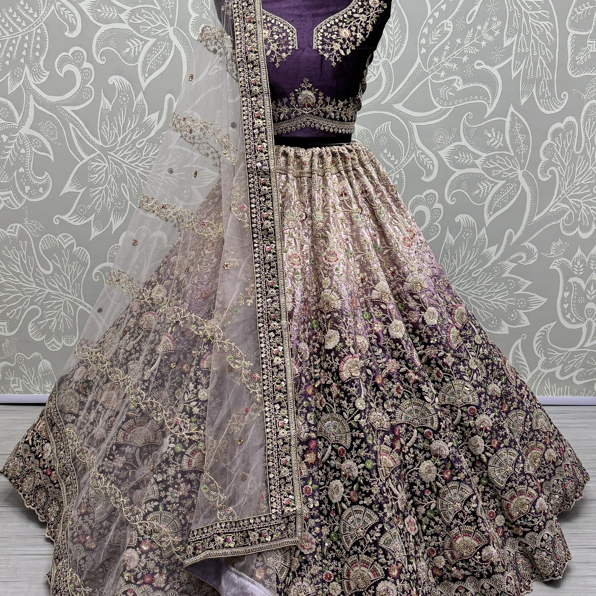 Astonishing Purple Embroidered Velvet Designer Lehenga Choli