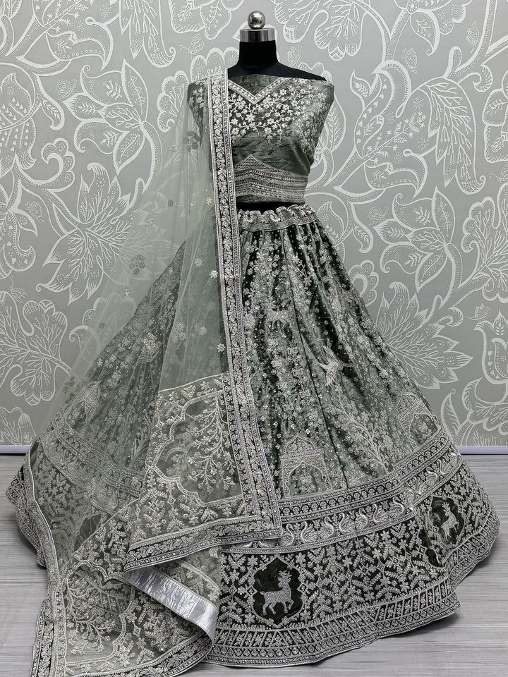 Glamorous Sage Green Embroidered Velvet Bridesmaid Lehenga Choli