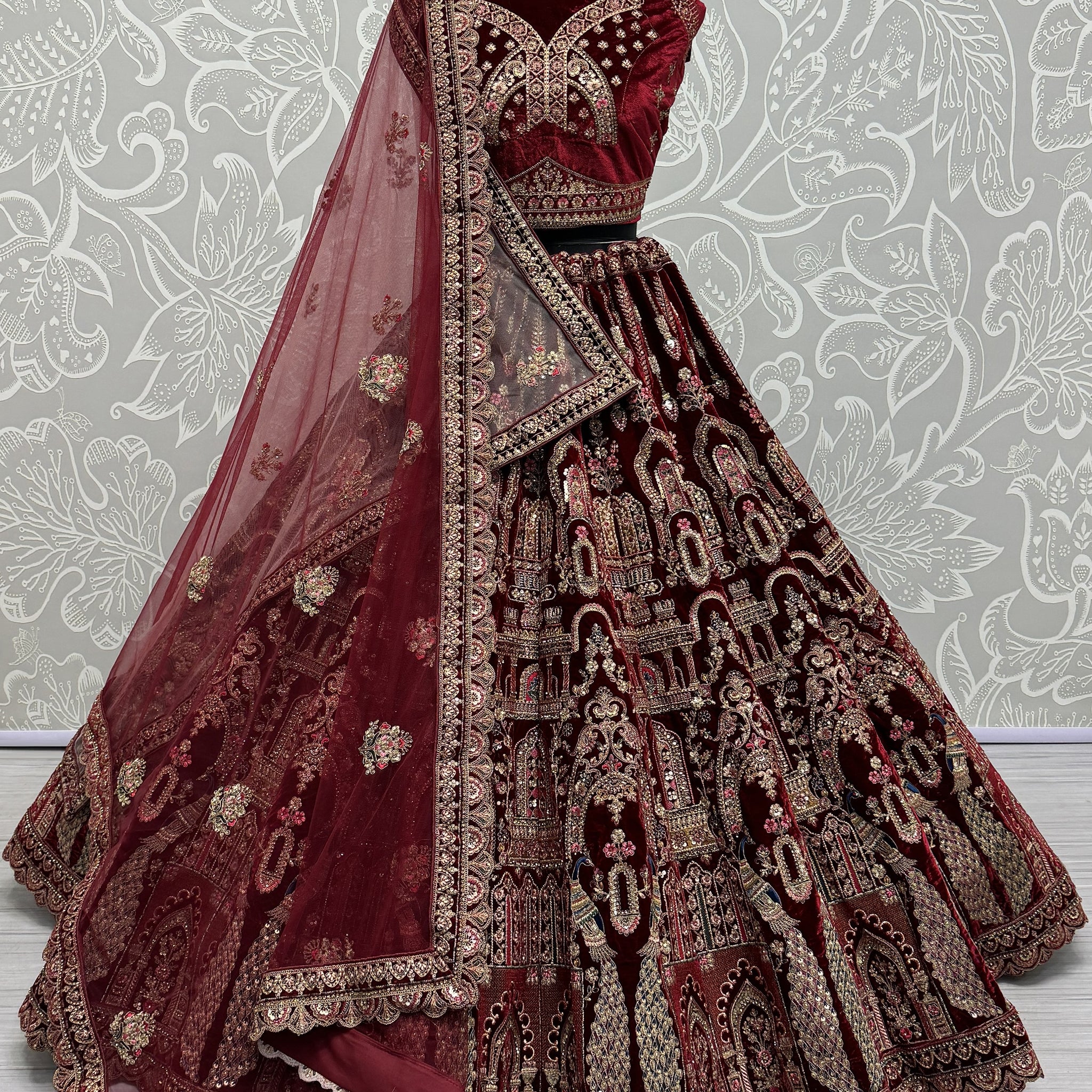 Beautiful Maroon Velvet Bridal Lehenga Choli With Double Dupatta