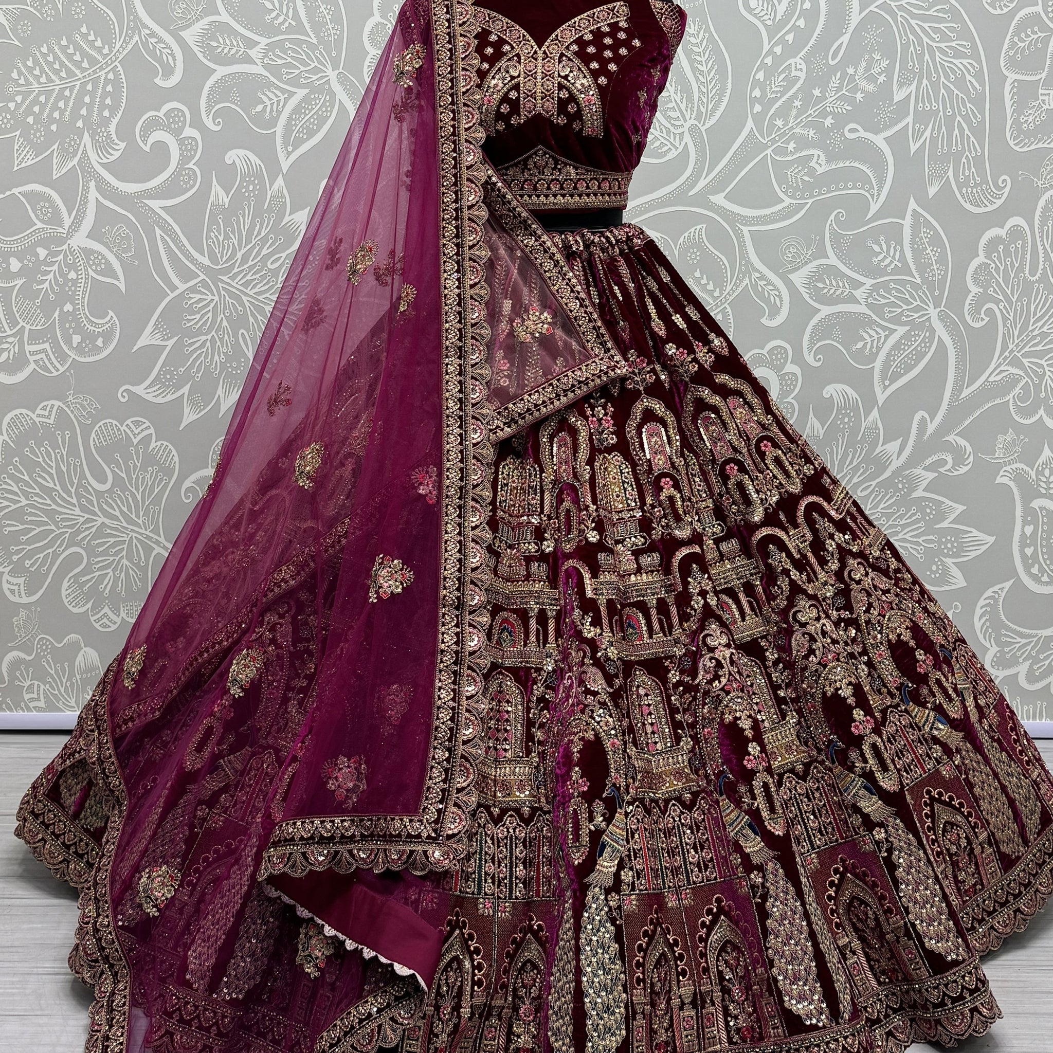 Lovely Pink Dori Work Velvet Bridal Lehenga Choli With Double Dupatta