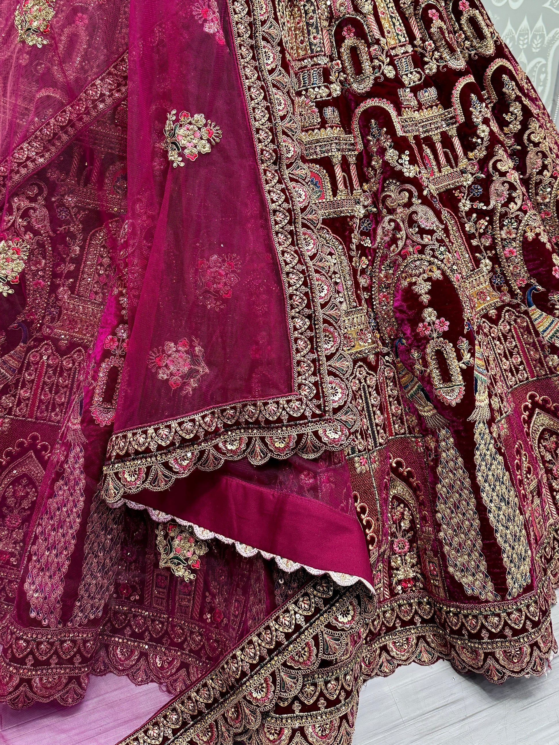 Lovely Pink Dori Work Velvet Bridal Lehenga Choli With Double Dupatta