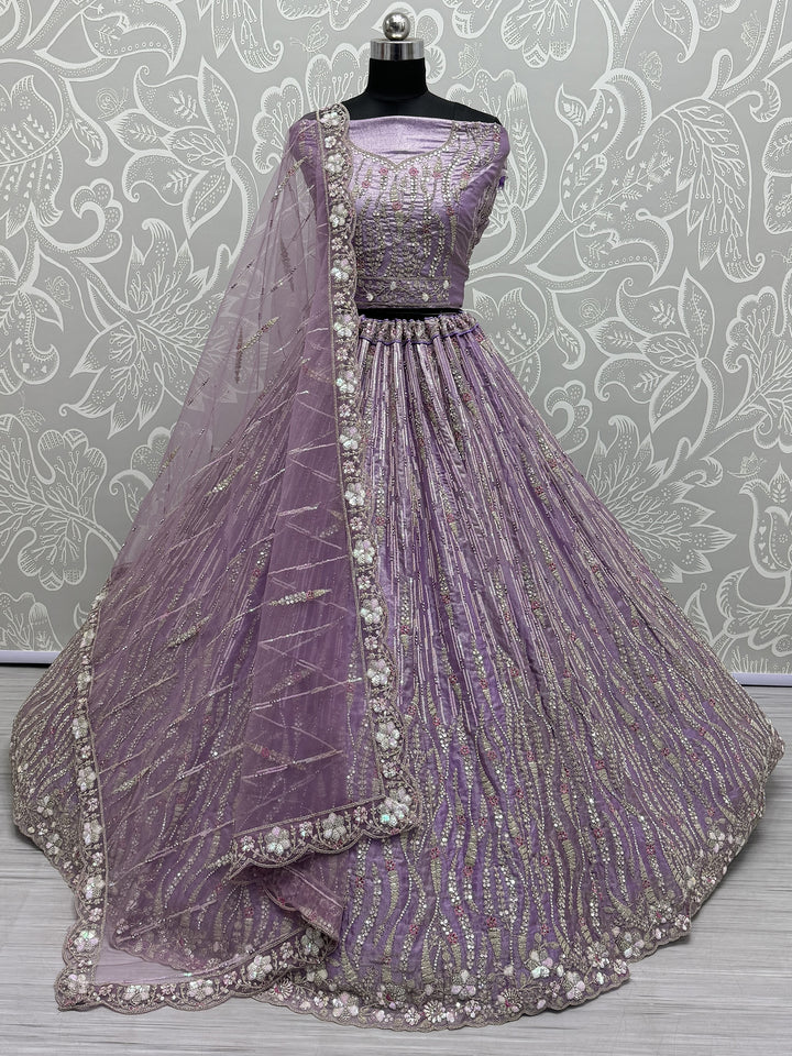 Dazzling Lavender Sequins Silk Bridesmaid Lehenga Choli With Dupatta
