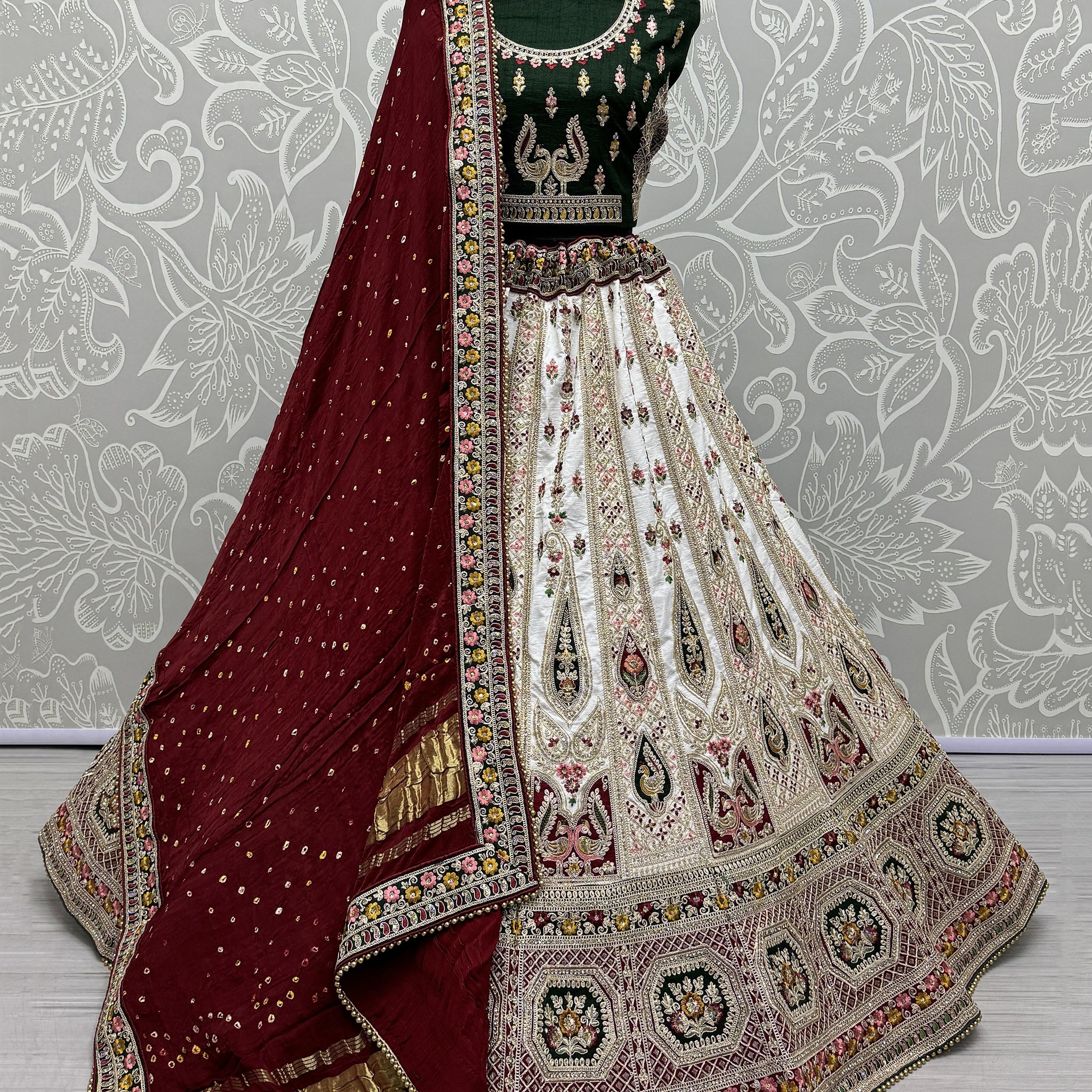 Astonishing Off-White Embroidered Silk Gujaratri Panetar Lehenga Choli