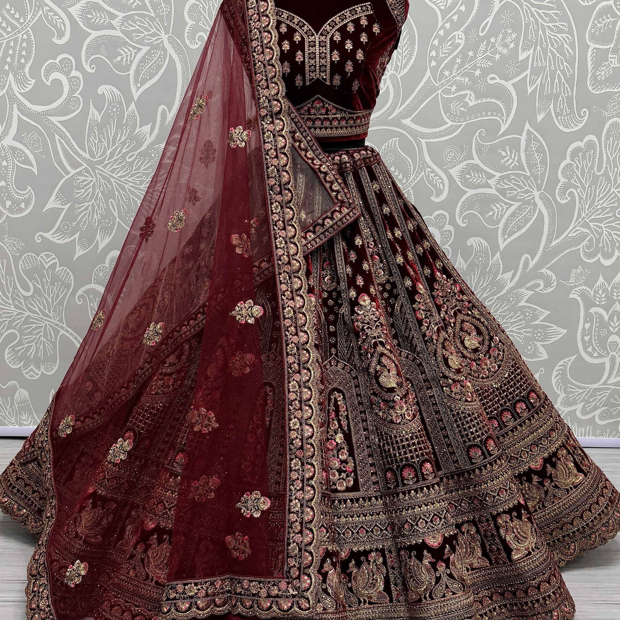 Lovely Maroon Sequins Velvet Bridal Lehenga Choli With Double Dupatta