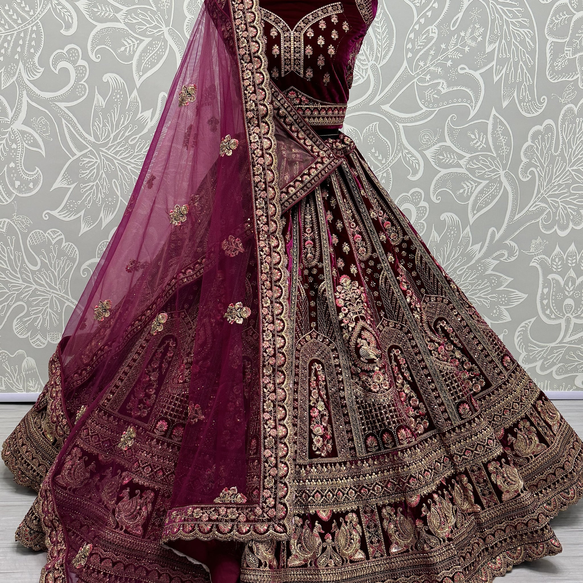 Pretty Pink Dori Work Velvet Bridal Lehenga Choli With Double Dupatta