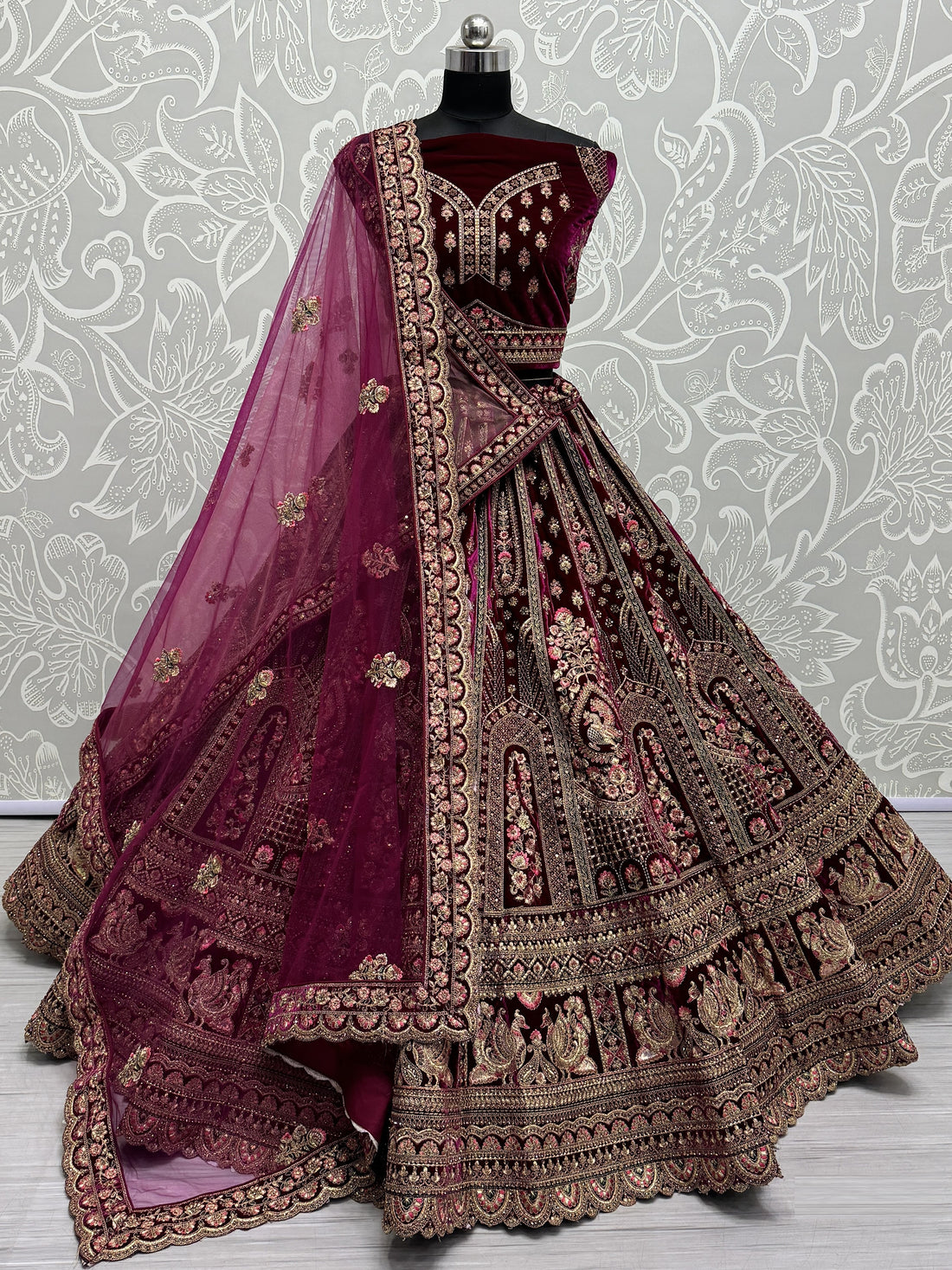 Pretty Pink Dori Work Velvet Bridal Lehenga Choli With Double Dupatta