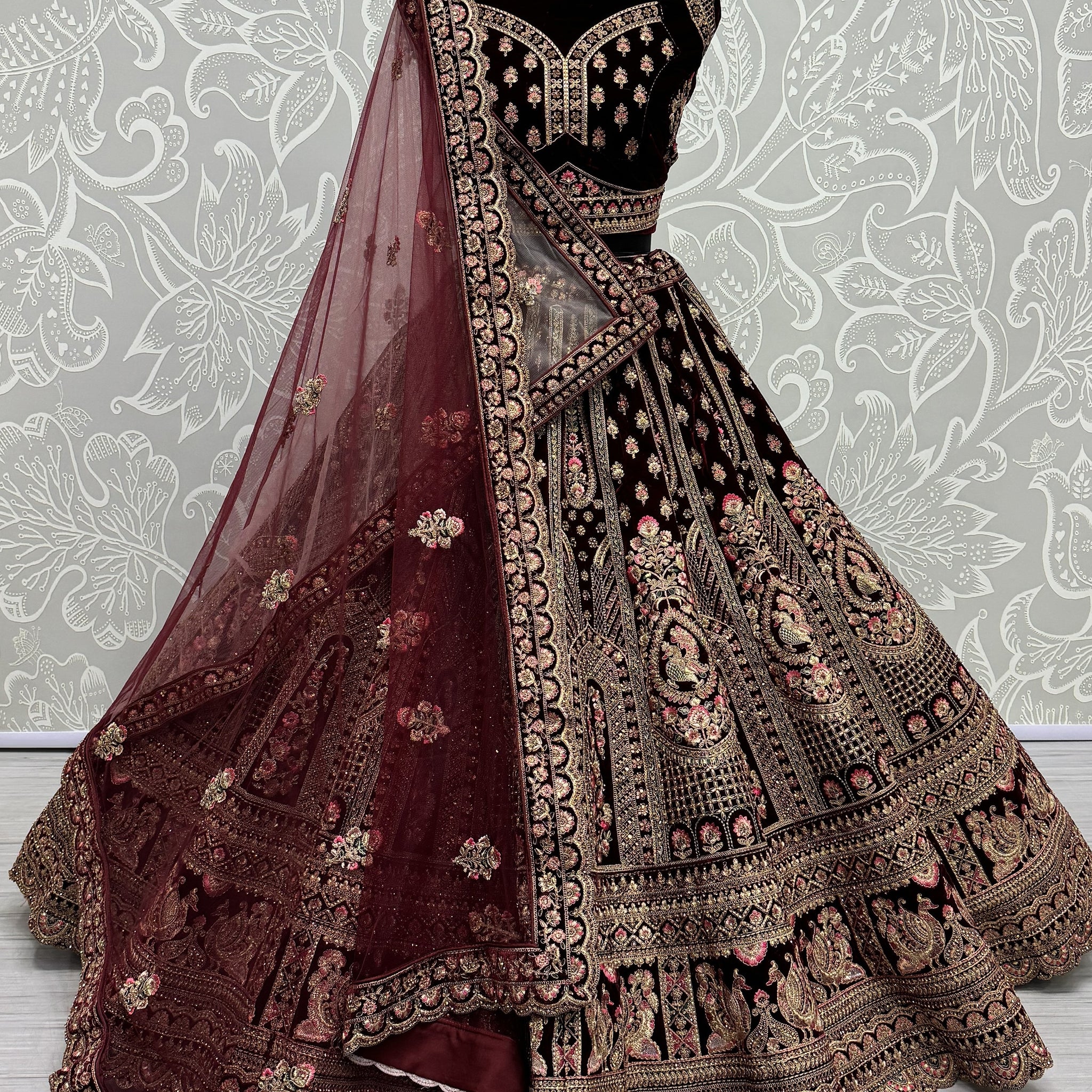 Superb Dark Maroon Velvet Bridal Lehenga Choli With Double Dupatta