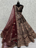 Superb Dark Maroon Velvet Bridal Lehenga Choli With Double Dupatta