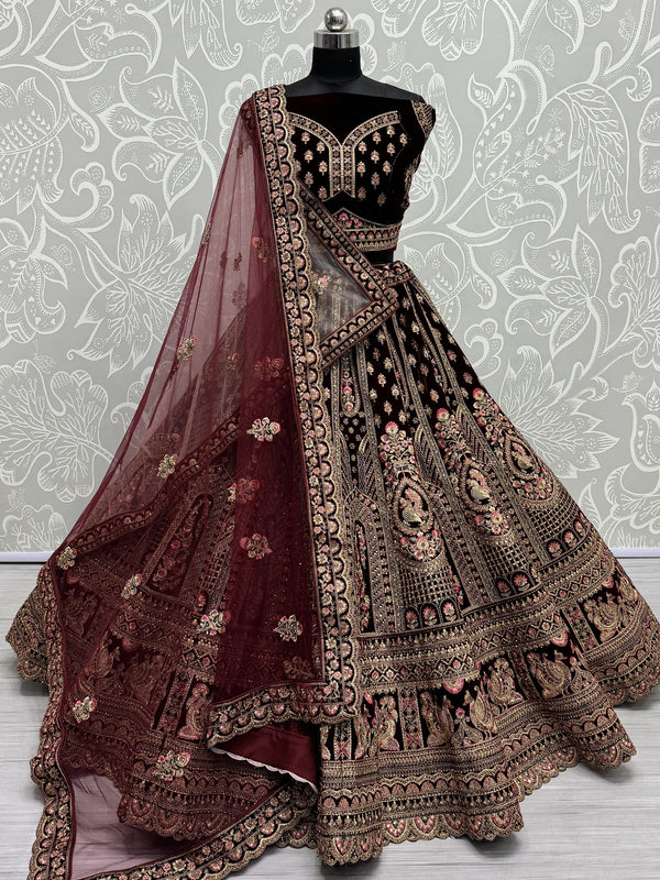 Superb Dark Maroon Velvet Bridal Lehenga Choli With Double Dupatta