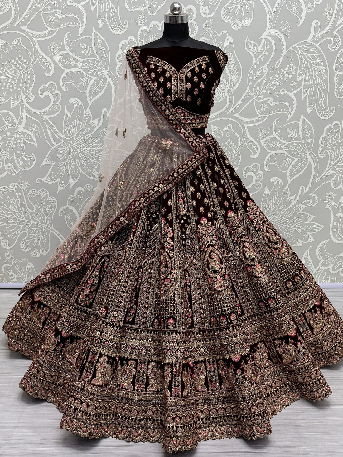 Superb Dark Maroon Velvet Bridal Lehenga Choli With Double Dupatta