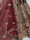 Superb Dark Maroon Velvet Bridal Lehenga Choli With Double Dupatta