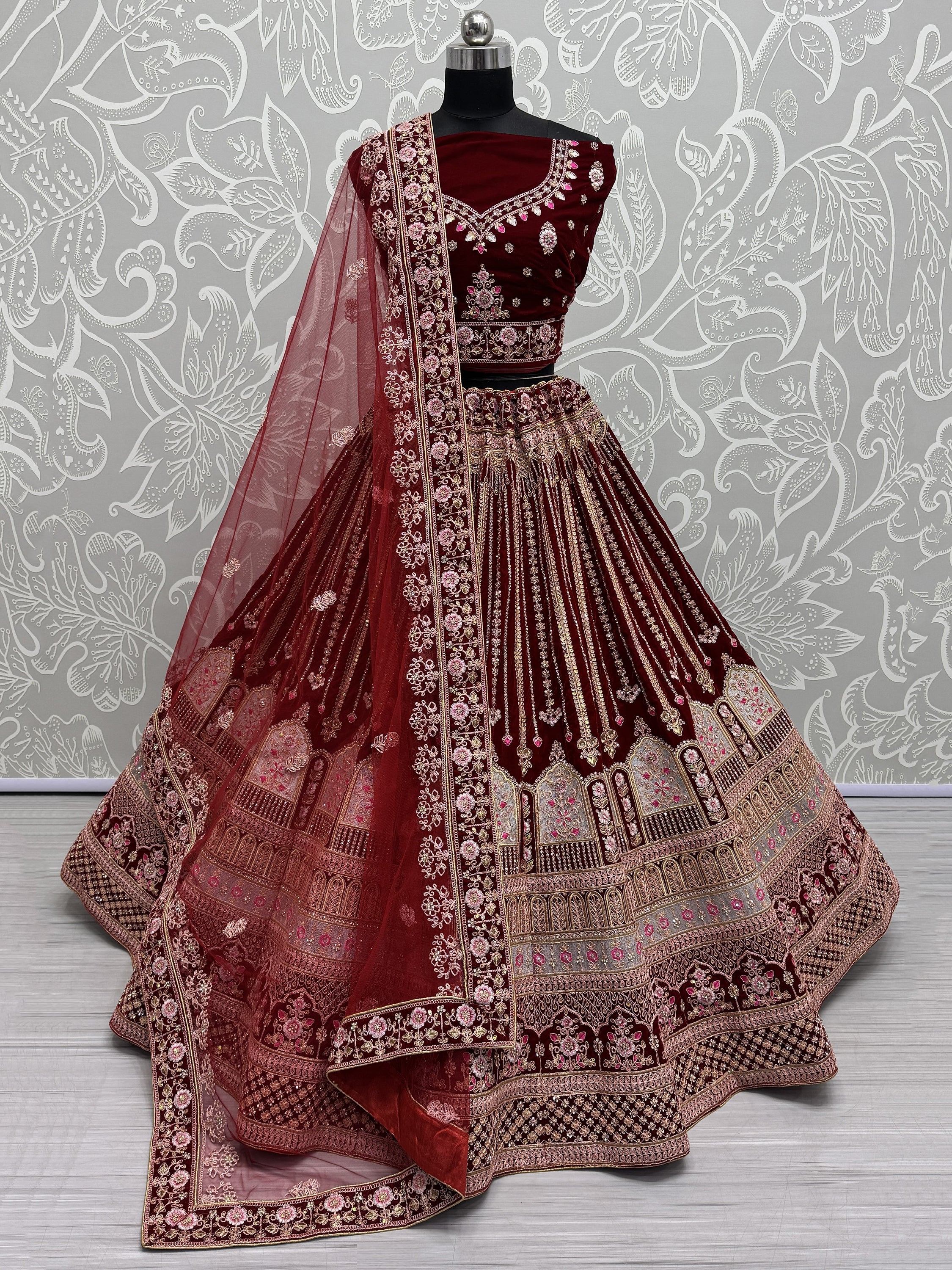 Wonderful Dark Maroon Embroidered Velvet Bridal Lehenga Choli With Dup