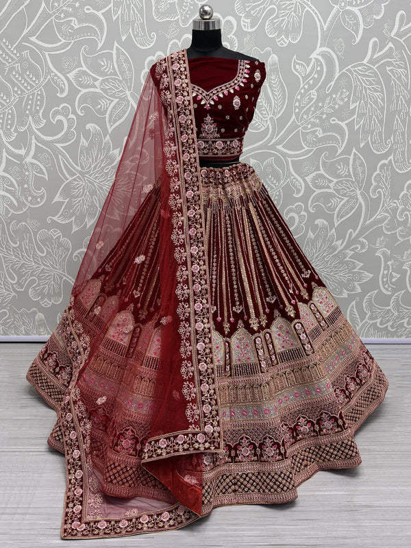 Marvelous Red Embroidered Velvet Bridal Lehenga Choli