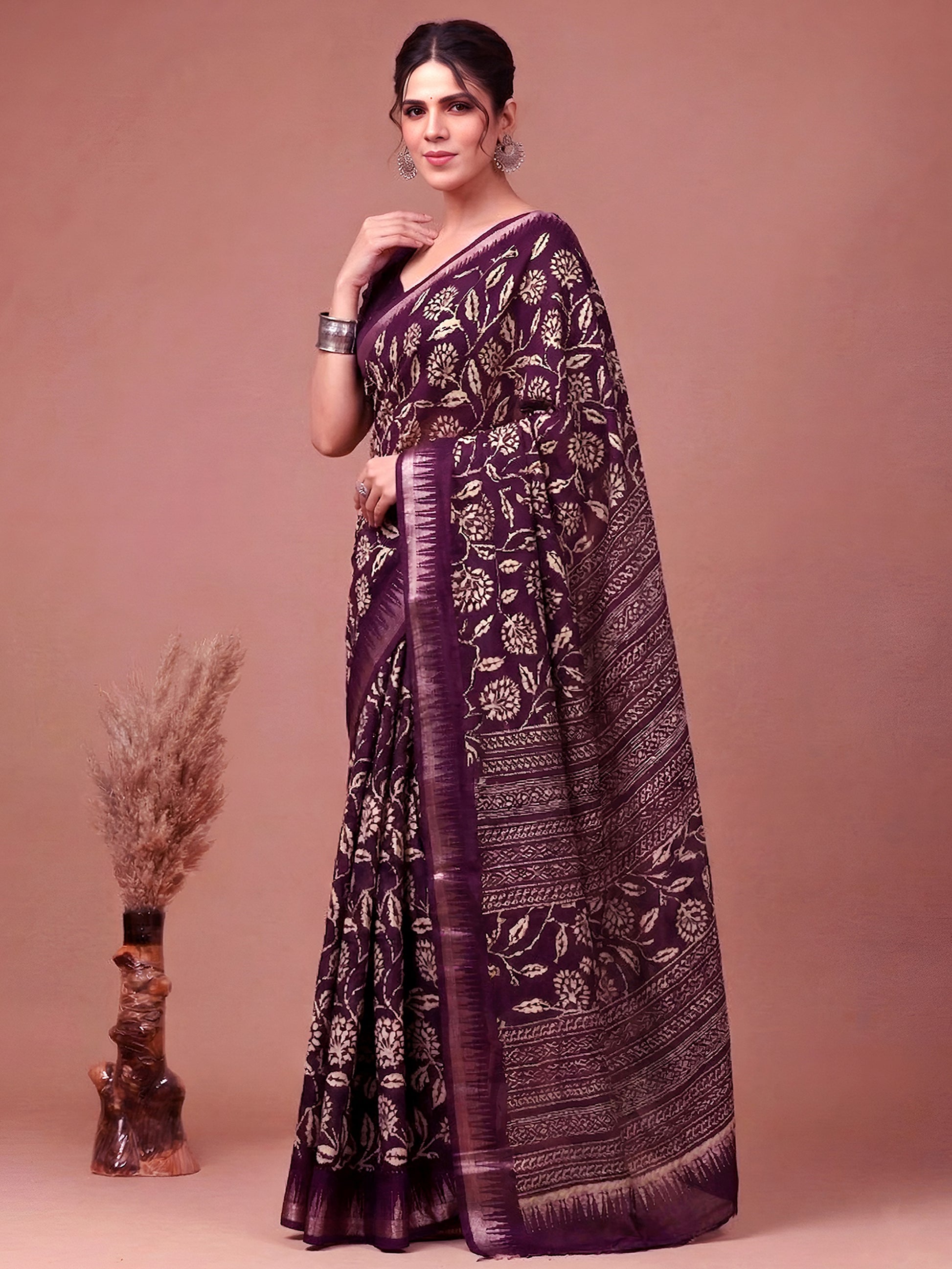 Fabulous Wine Floral Printed Silk Casual Wear Saree With Blouse