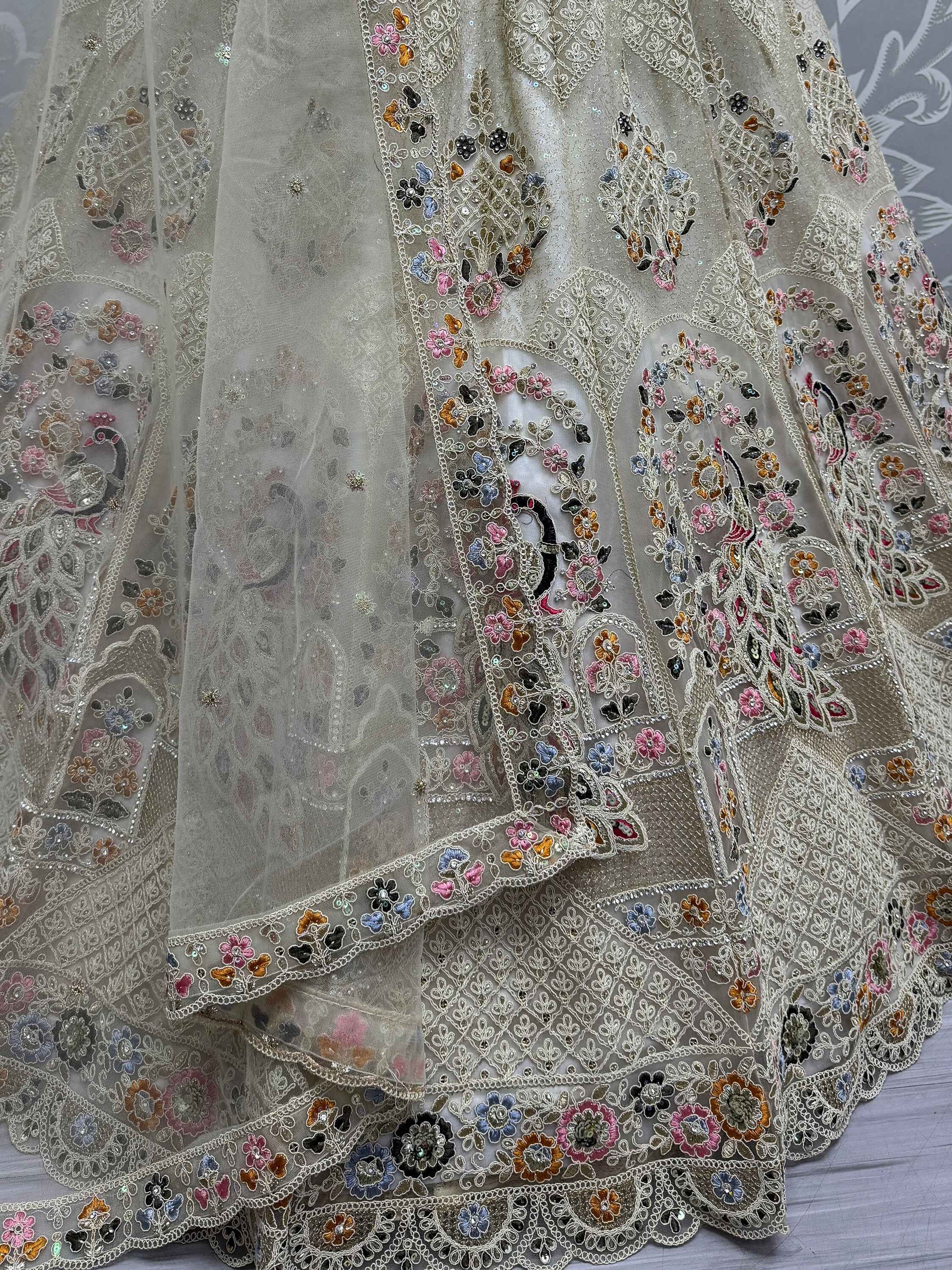 Excellent Off-White Lace Work Net Bridesmaid Lehenga Choli