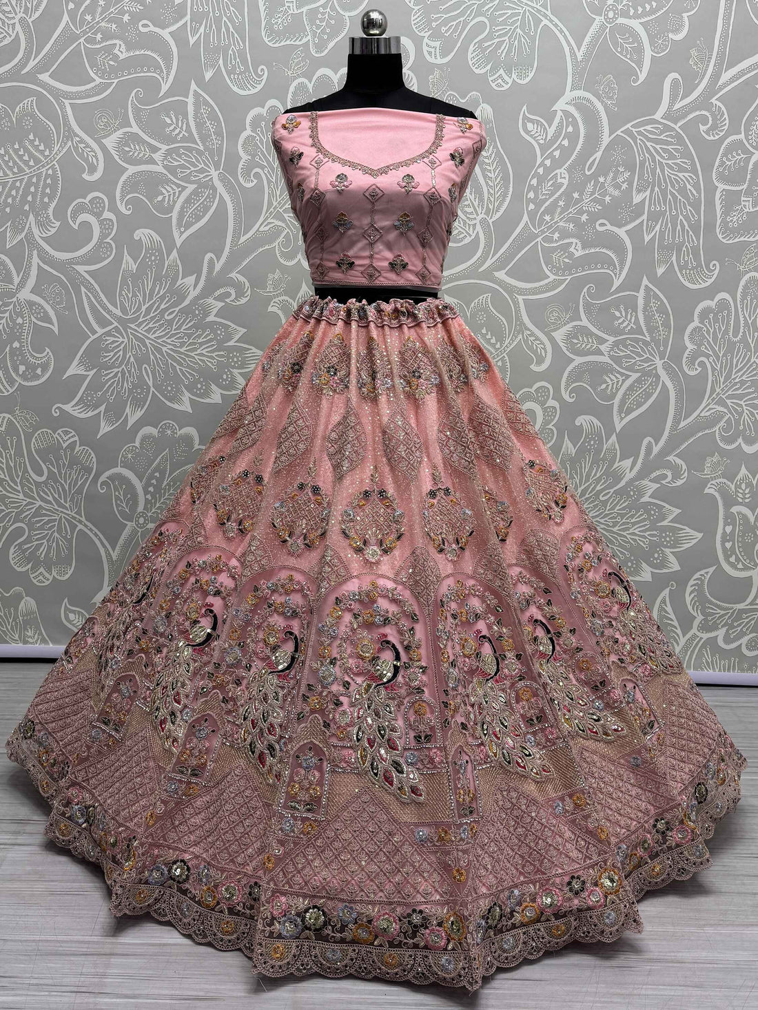 Shocking Peach Sequins Work Net Bridesmaid Lehenga Choli