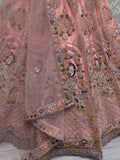 Shocking Peach Sequins Work Net Bridesmaid Lehenga Choli