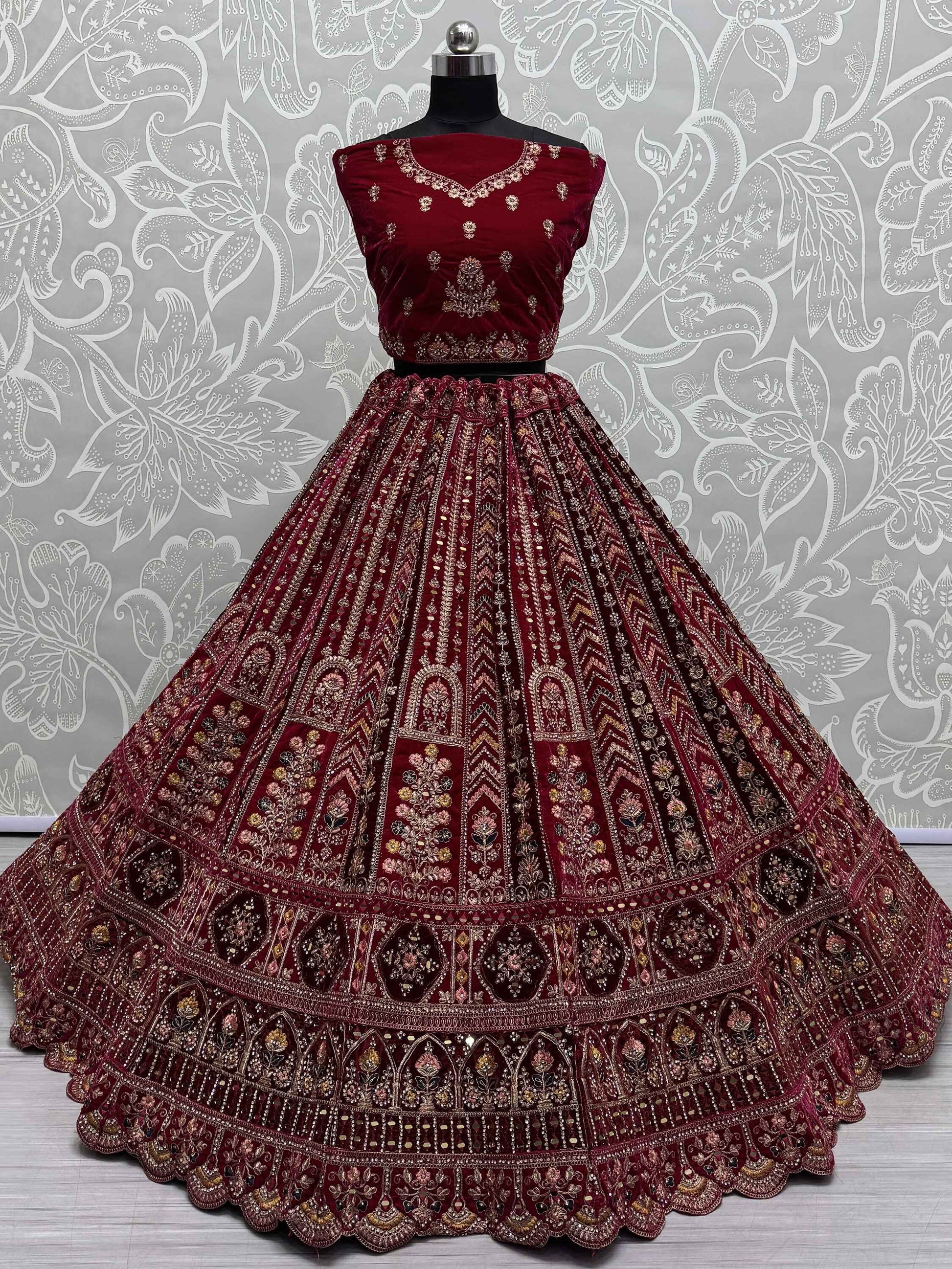 Lovely Red Jarkan Work Velvet Bridal Lehenga Choli With Double Dupatta