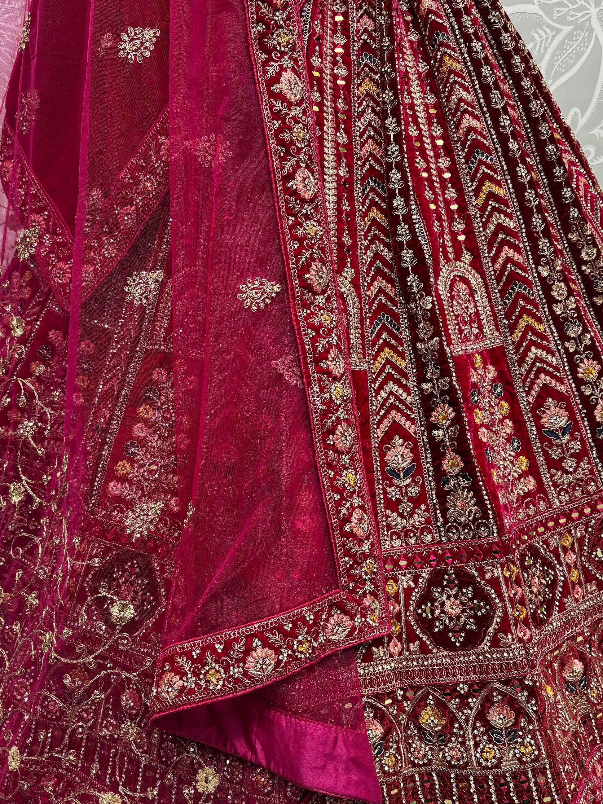 Lovely Red Jarkan Work Velvet Bridal Lehenga Choli With Double Dupatta