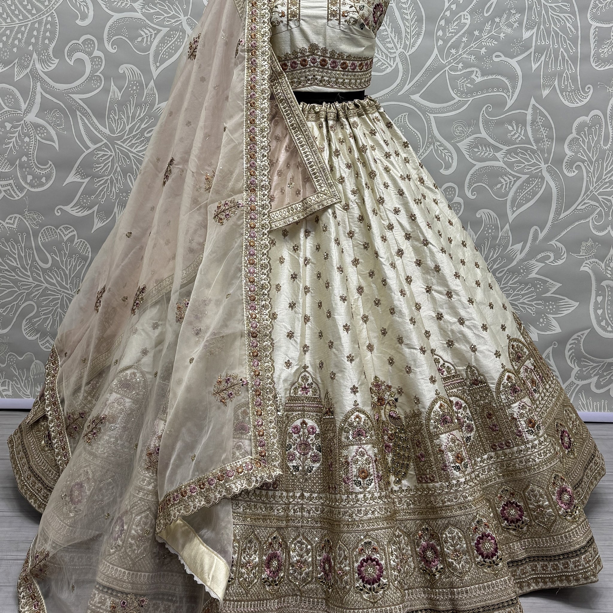 Stunning Off-White Sequins Work Silk Wedding Lehenga Choli With Double Dupatta