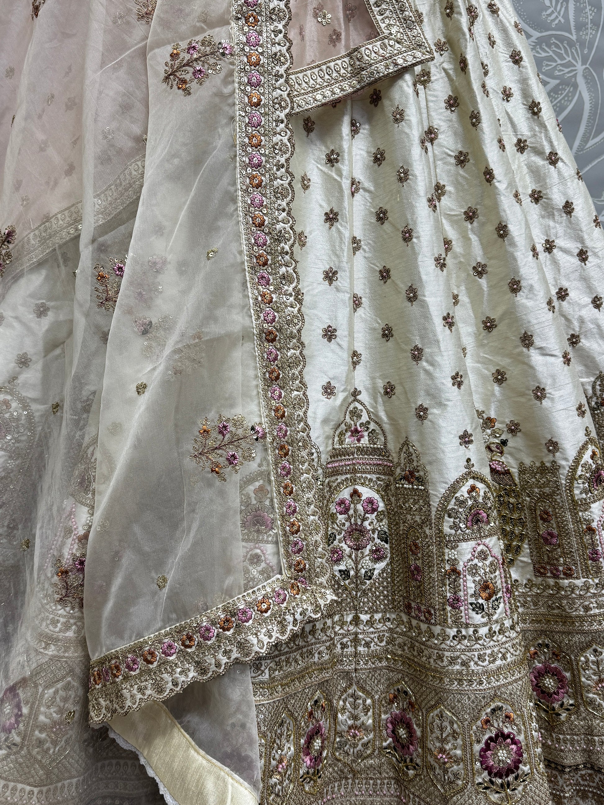 Stunning Off-White Sequins Work Silk Wedding Lehenga Choli With Double Dupatta