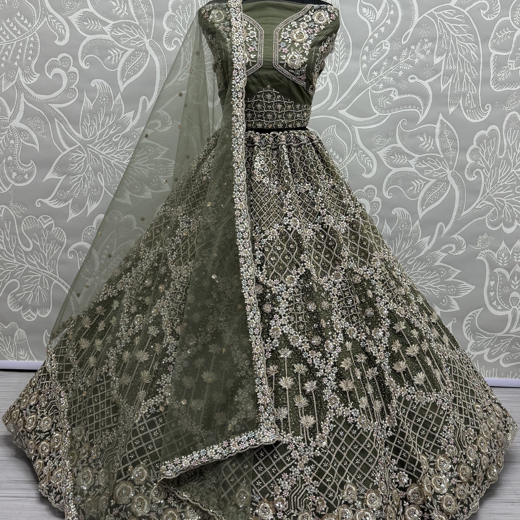Pretty Green Thread Embroidery Net Bridal Lehenga Choli With Dupatta
