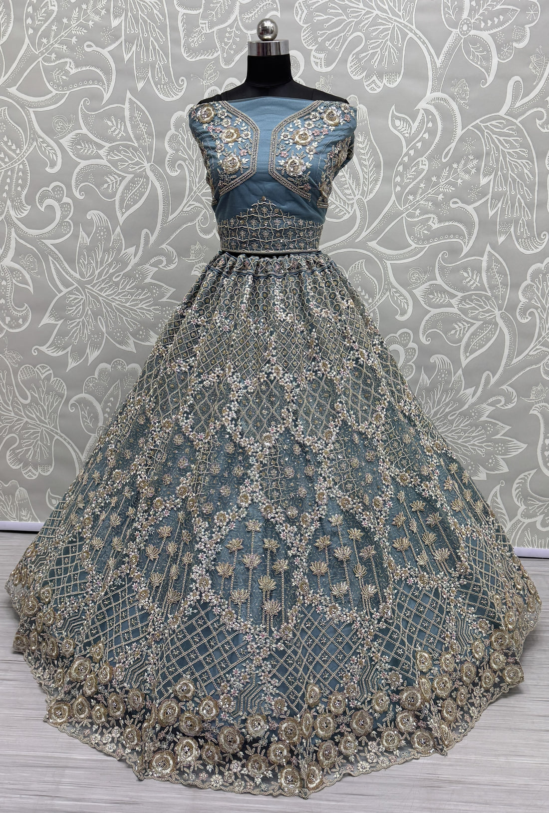 fascinating Blue Thread Work Net Designer Lehenga Choli With Dupatta