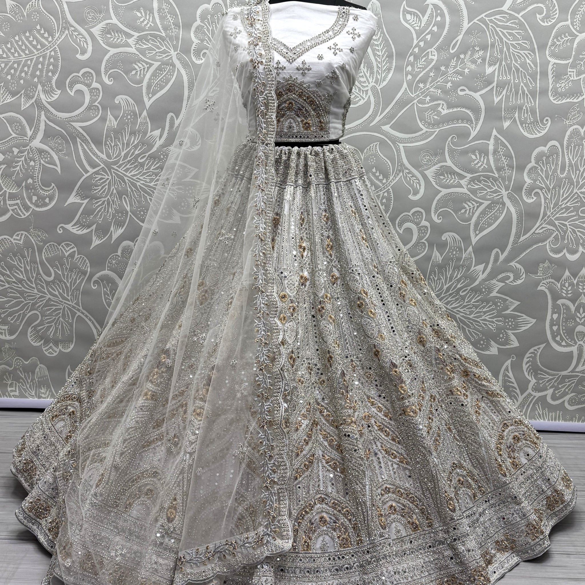 Gorgeous Off-White Mirror Work Net Bridesmaid Lehenga Choli