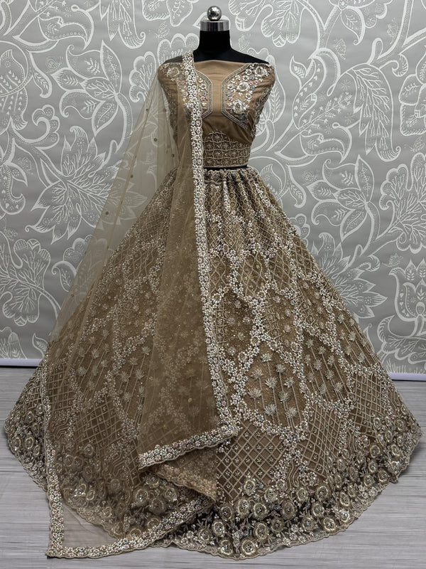 Amazing Golden Zirkon Work Net Engagement Wear Lehenga Choli