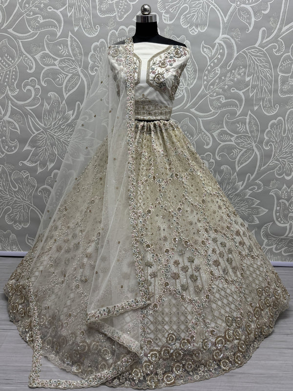Wonderful Off-White Zirkon Work Net Bridesmaid Lehenga Choli With Dupatta 