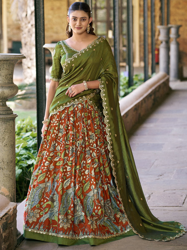 Precious Rust Orange Kalamkari printed Silk Wedding Wear Lehenga Choli With Dupatta