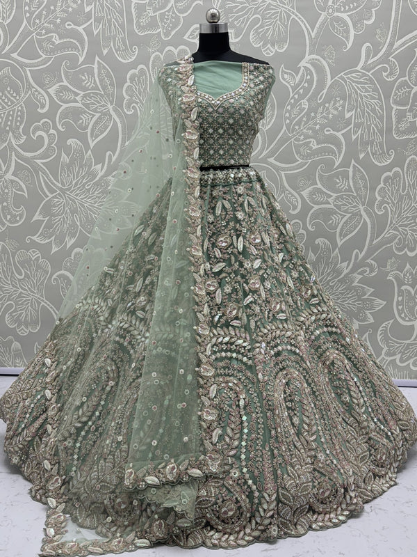 Enchanting Pista Green Sequins Net Reception Wear Lehenga Choli With Dupatta