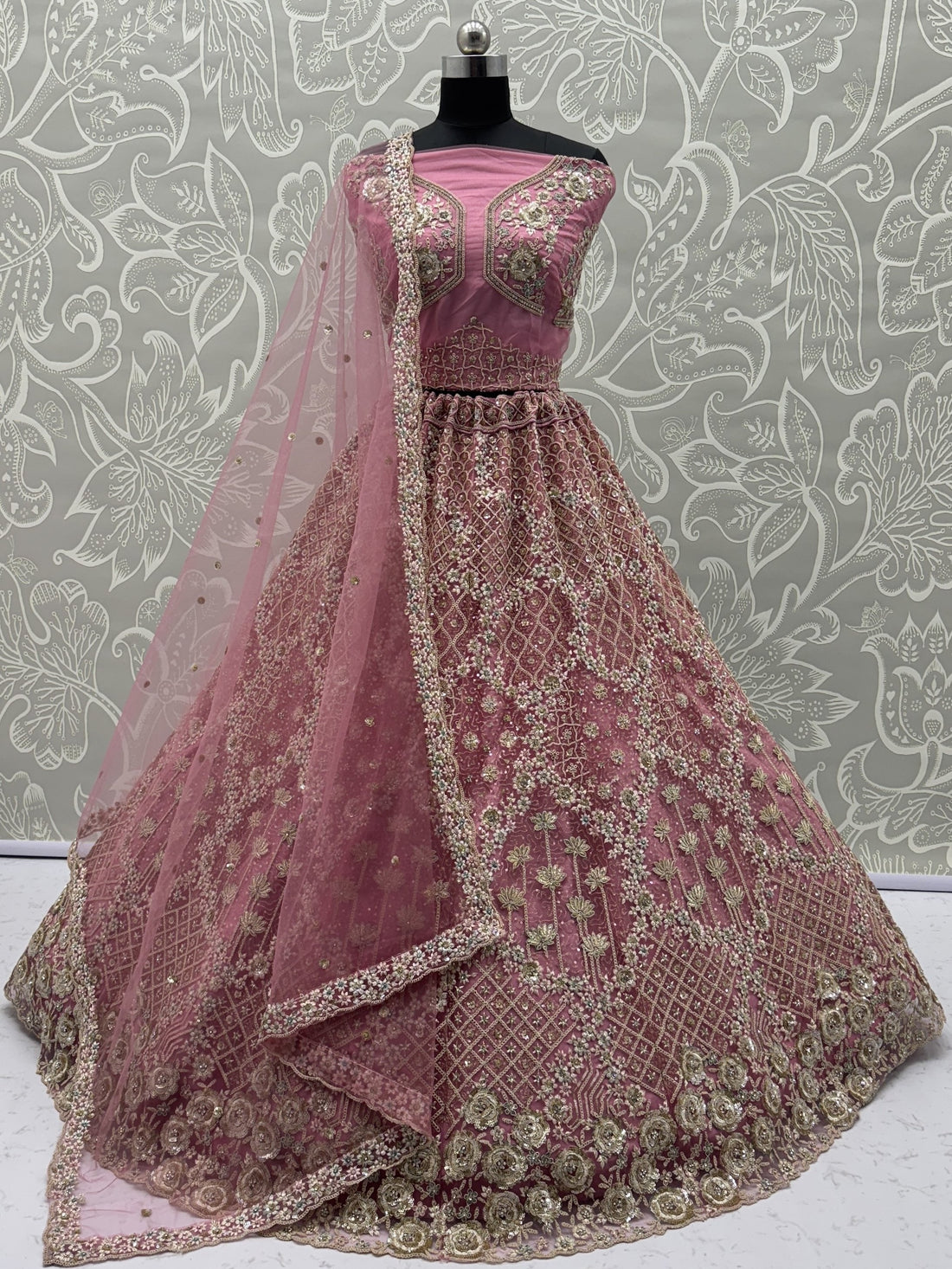 Precious Rose Pink Zircon Work Net Bridesmaid Lehenga Choli With Dupatta