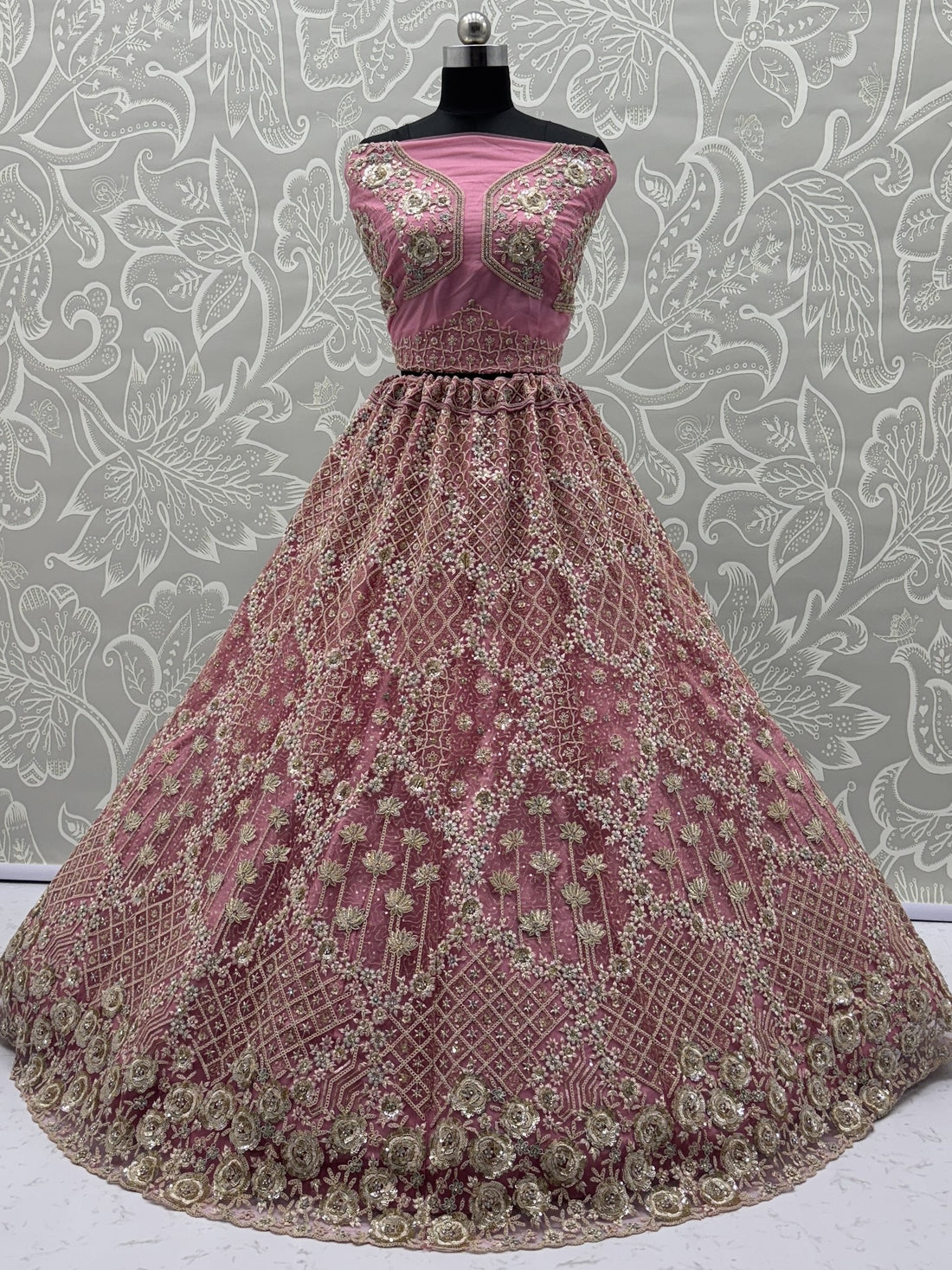 Precious Rose Pink Zircon Work Net Bridesmaid Lehenga Choli With Dupatta